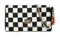 Check Print Chain Bag, Fabric/Suede, Balck/White, MII, 2*